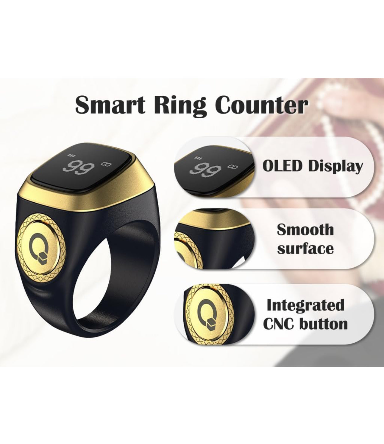 iQIBLA - Smart Tasbih Zikr1 Lite Ring - Black - 22mm