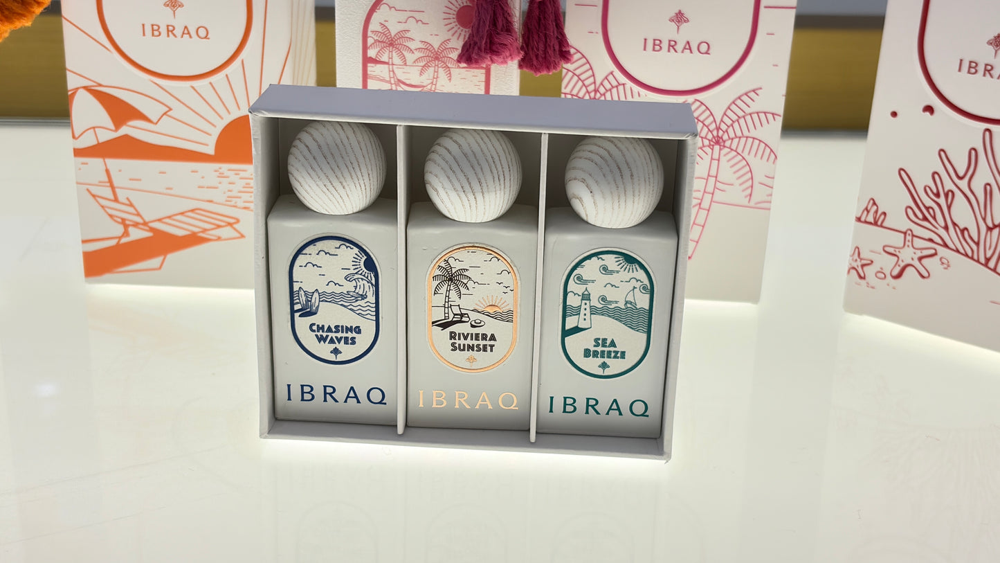 Ibrahim Al-Qurashi (Ibraq) - 3 perfumes (10ml each) :  Sea Breeze (10ml)  Chasing Waves (10ml)  Riviera Sunset (10ml) - For Men’s