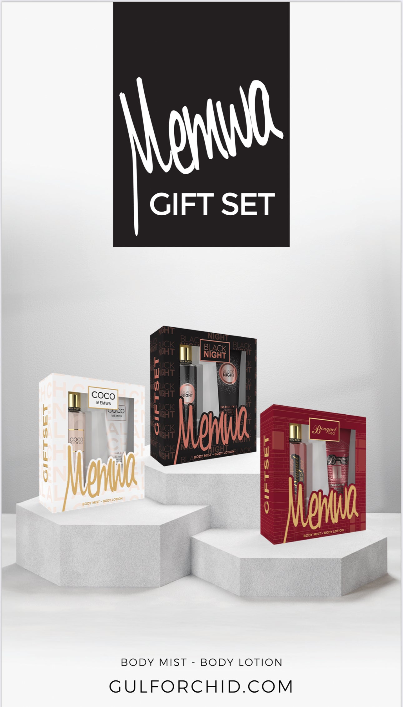 Gulf Orchid - Gift Set - Memwa Black Night (236 ML body lotion & 250 ML Body Mist) Floral, Edible, Toffee