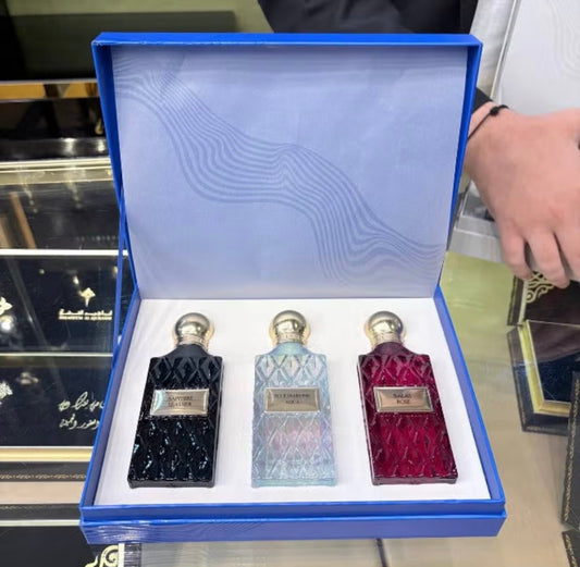 Ibrahim Alqurashi - Blue Wish Blue Box (75 mL * 3): · Saphire Leather · Balas Rose · Blue Diamond